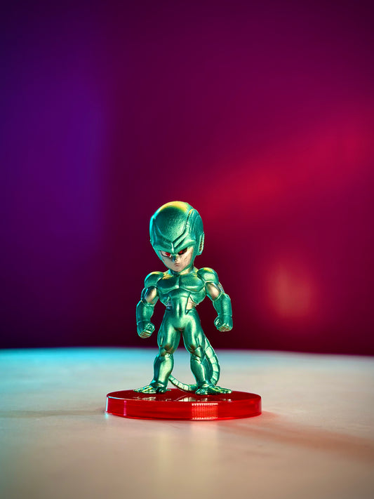 Green superhero figurine on a red base against a gradient purple to red background