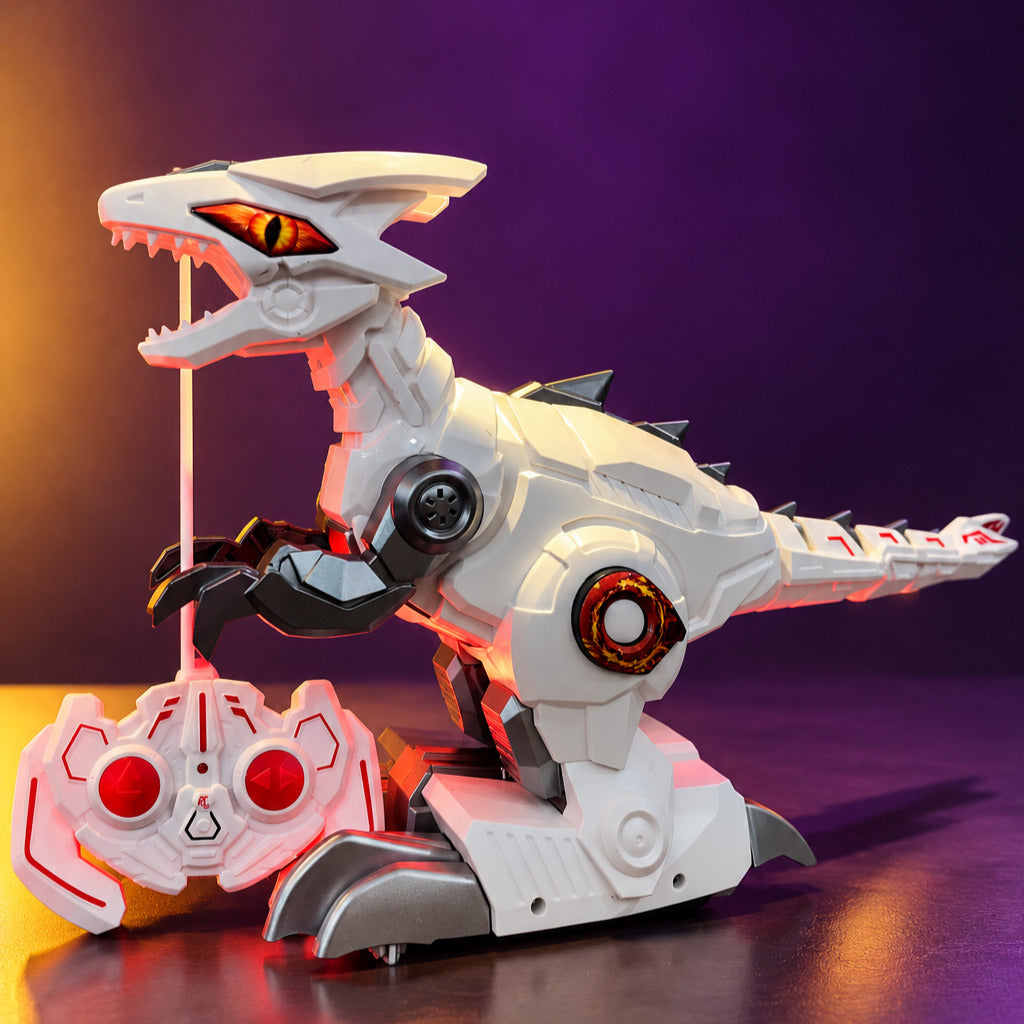Remote control white robotic dinosaur with glowing eyes and detailed design