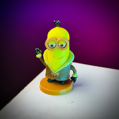 Toy figure of a character with a yellow head and green body on a purple background