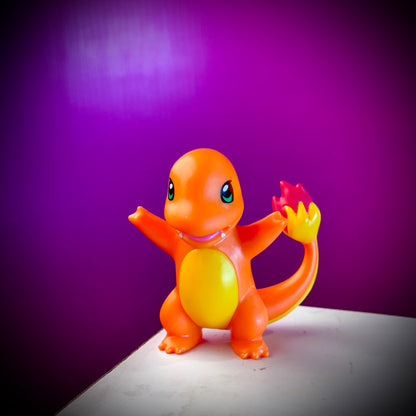 Toy Charmander figure on a purple background