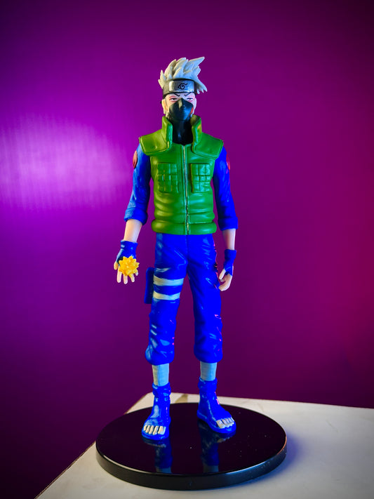 Action figure in blue and green outfit with purple background