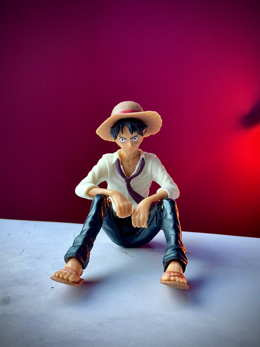 Sitting Monkey D. Luffy Action Figure – One Piece Anime Collectible (White Outfit)