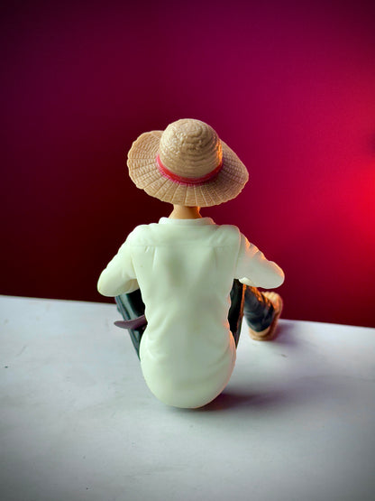 Sitting Monkey D. Luffy Action Figure – One Piece Anime Collectible (White Outfit)