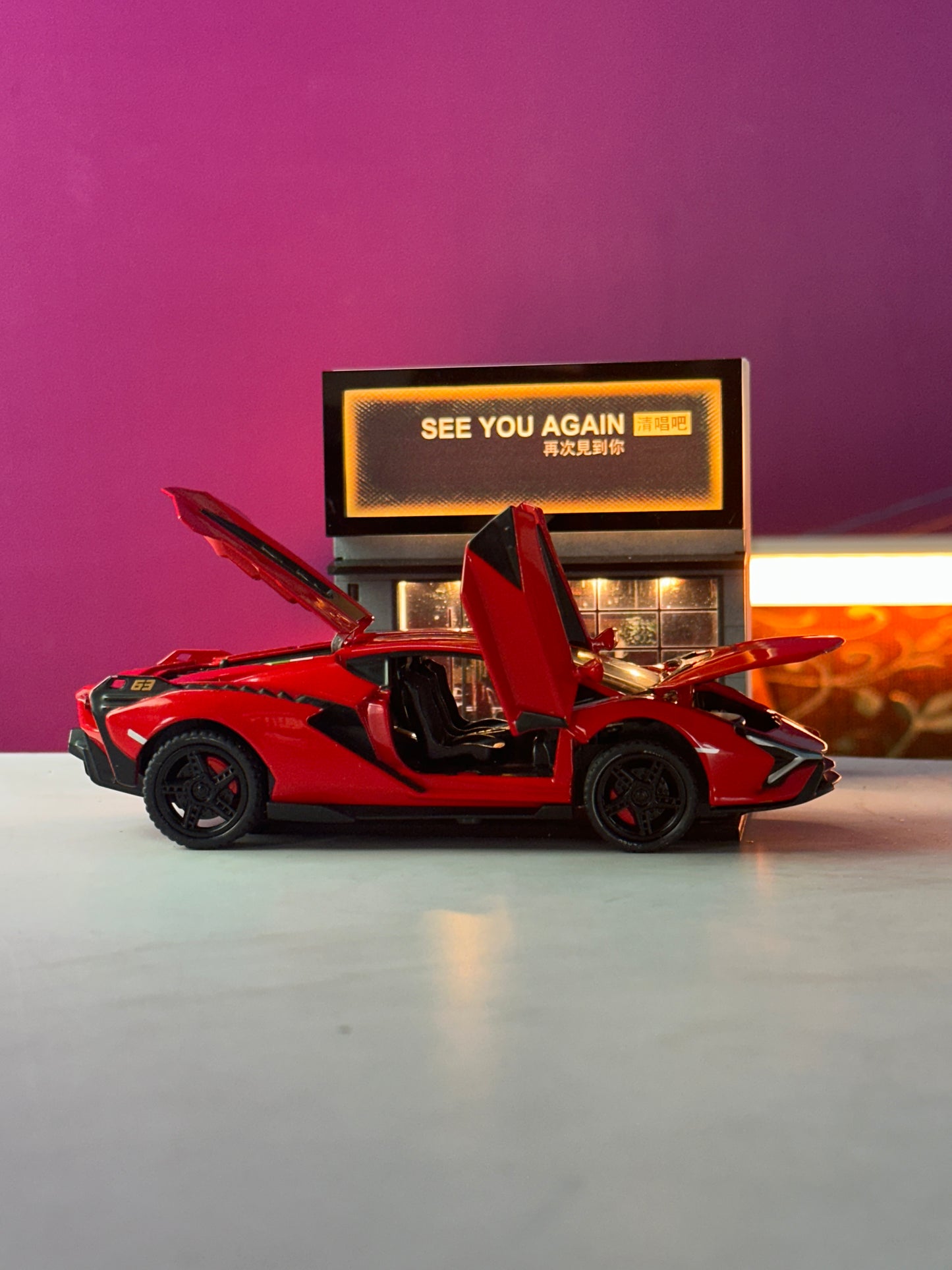 1:32 Lamborghini LP770-4 Red Diecast Car + 1:67 Parking Scene | Movie Car Combo Set (Inspired by Furious 7)