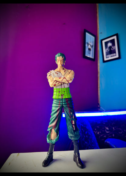 Detailed Zoro anime statue with battle scars from One Piece
