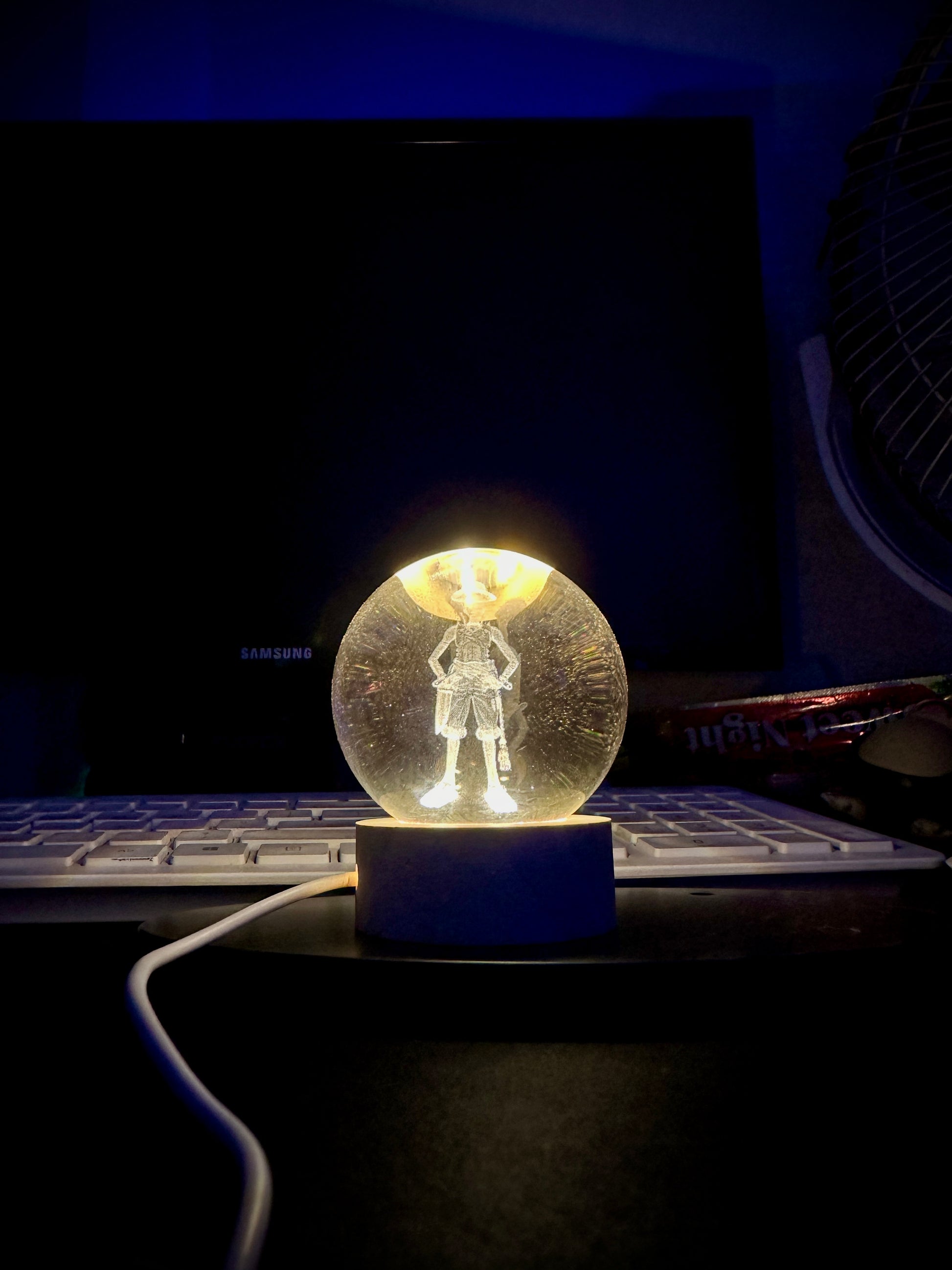 One Piece LED lamp featuring Luffy inside crystal sphere