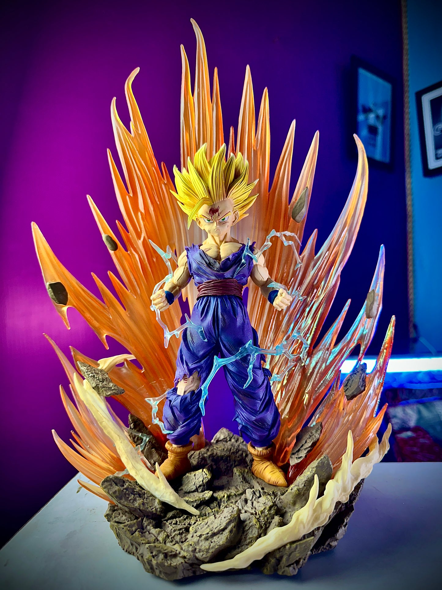 Premium Dragon Ball Z Gohan Super Saiyan 2 collectible figure featuring massive energy aura and battle scene display