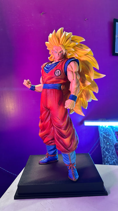 Large Super Saiyan 3 Goku anime statue featuring iconic long golden hair and battle-ready pose