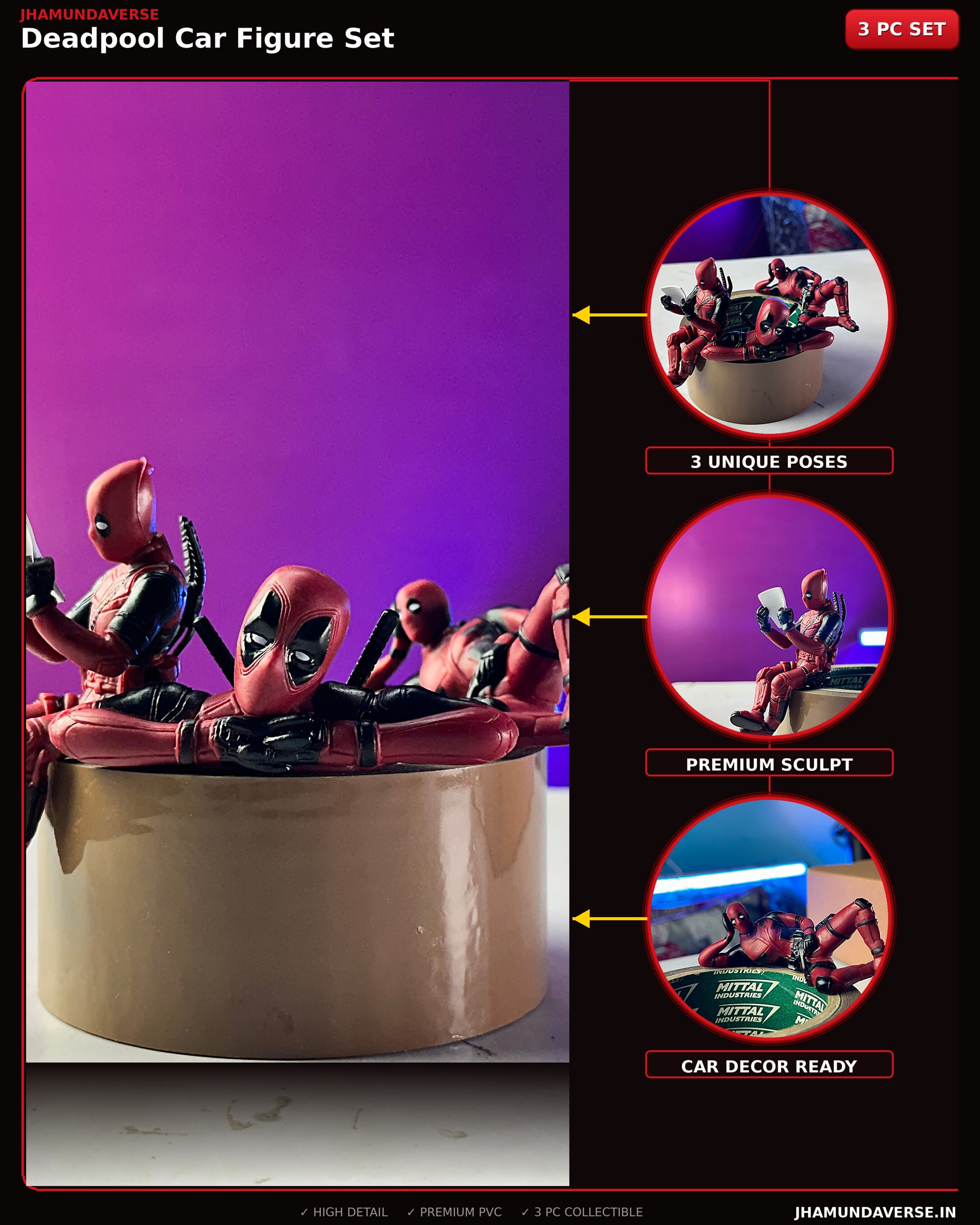 Deadpool 3 piece PVC figure set for car dashboard decoration