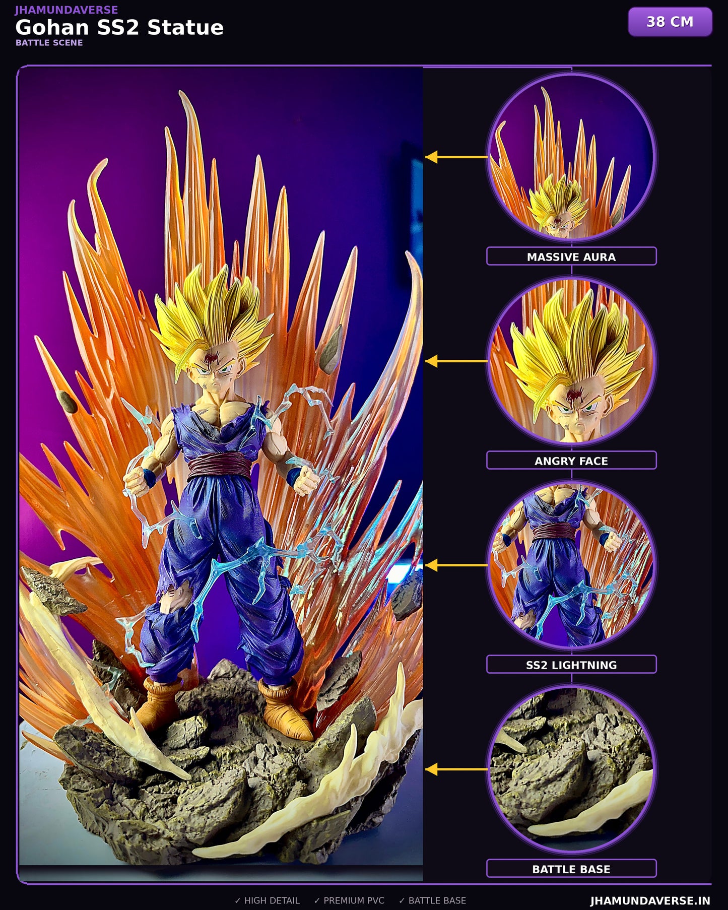 38CM Gohan SS2 battle aura statue with lightning effects and rocky battle base from Dragon Ball Z