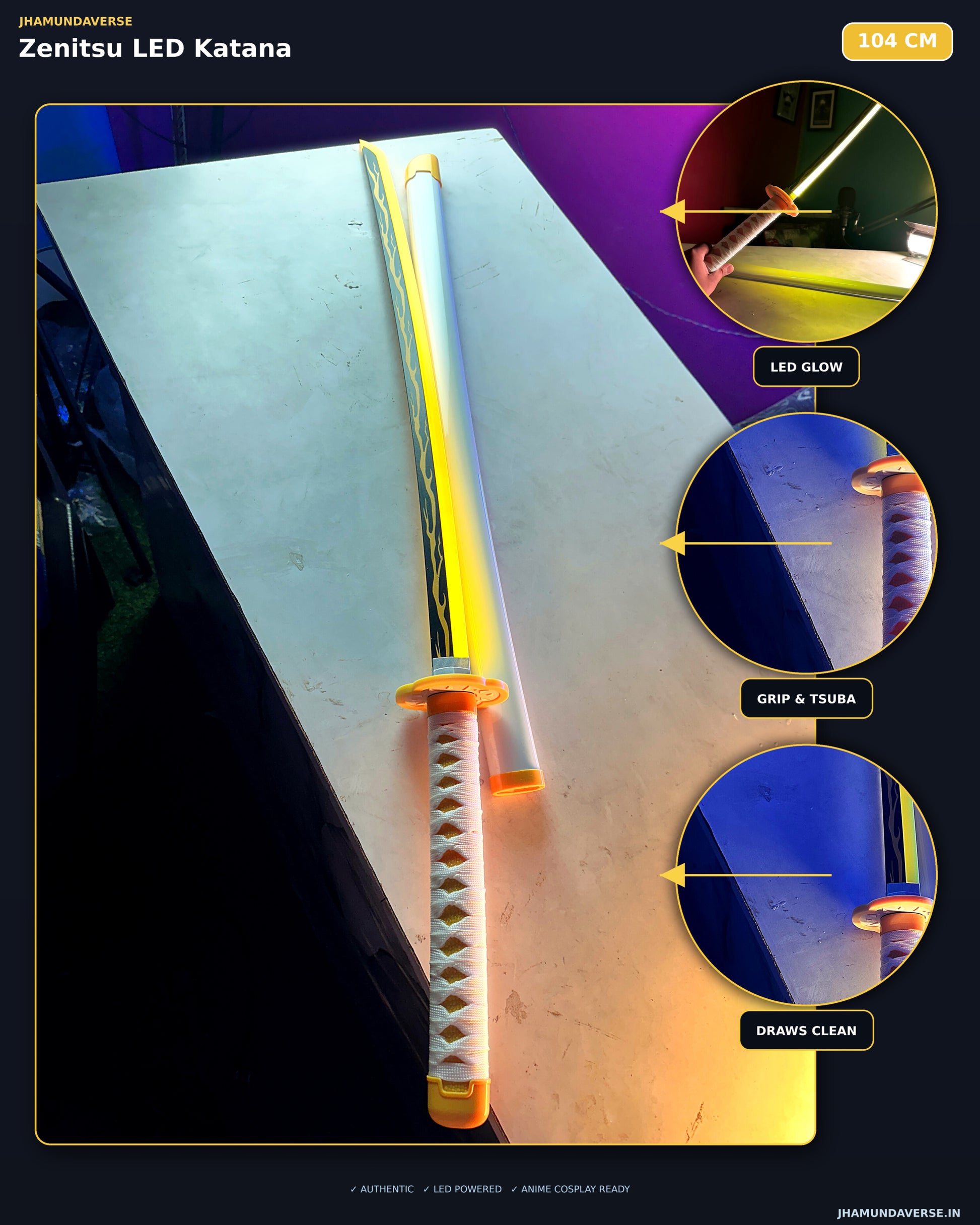 104CM Zenitsu LED Katana featuring bright yellow glow and anime-inspired sword design from Demon Slayer