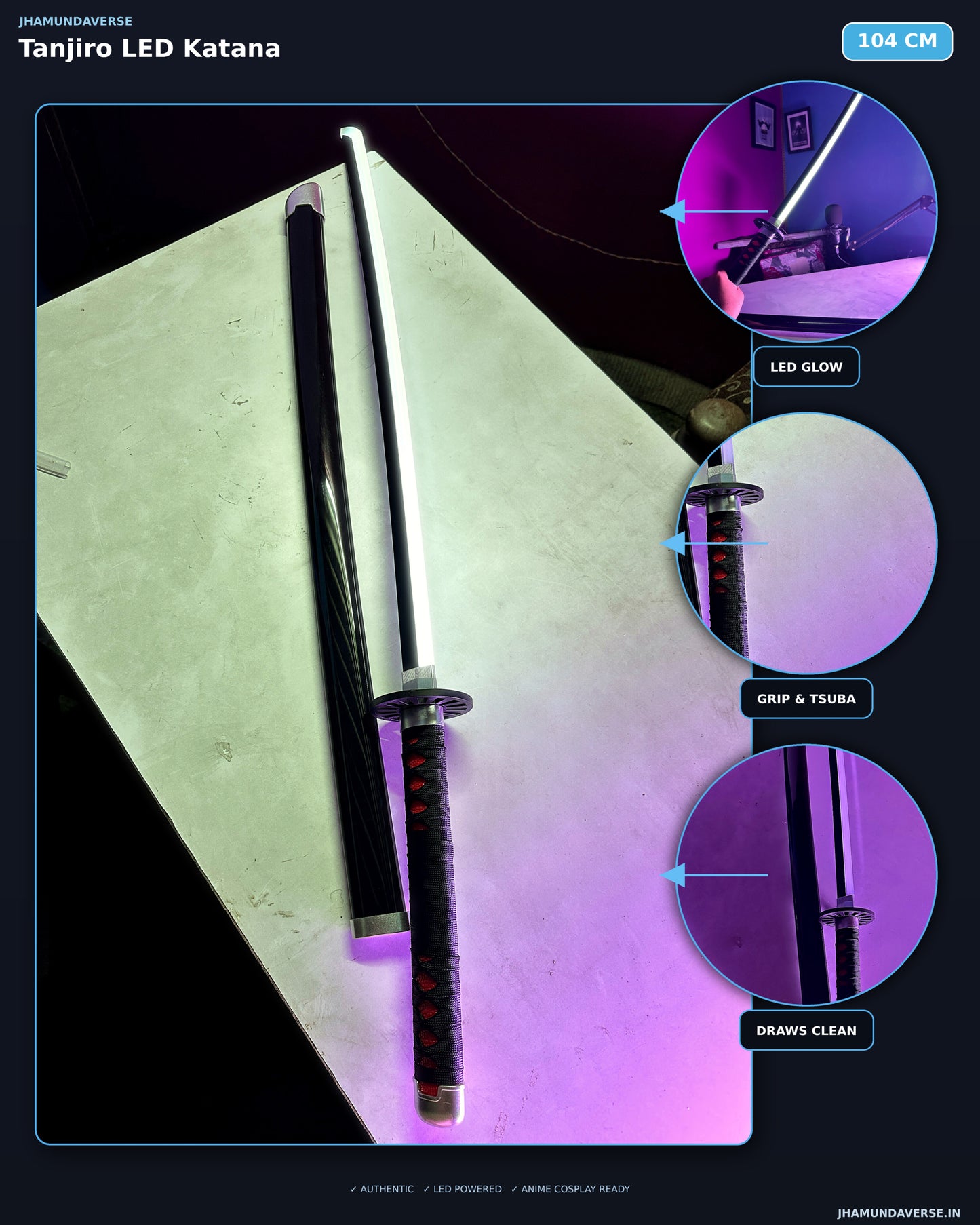 104CM Tanjiro LED Katana featuring bright illuminated blade and anime-inspired Nichirin sword design