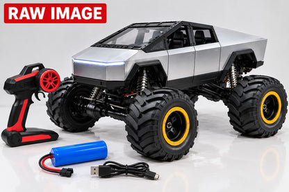 Cybertruck style remote control car with LED headlights and 4WD system