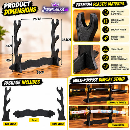 Multi-hook black sword holder for displaying katanas and collectibles
