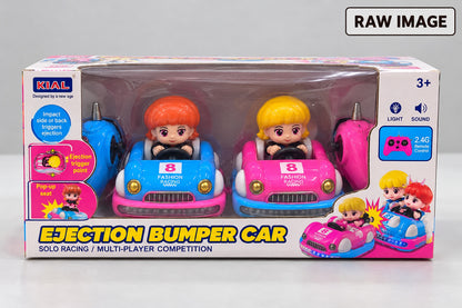 Blue and pink remote control bumper cars with separate wireless controllers
