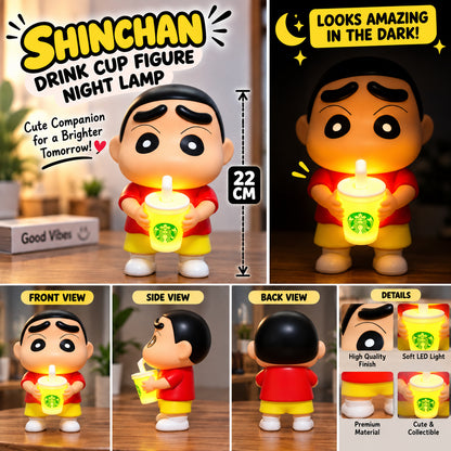 Shinchan drink cup figure night lamp shown in a collage with multiple views and feature callouts. The toy figure wears a red shirt and yellow shorts and holds a glowing yellow Starbucks-style cup.