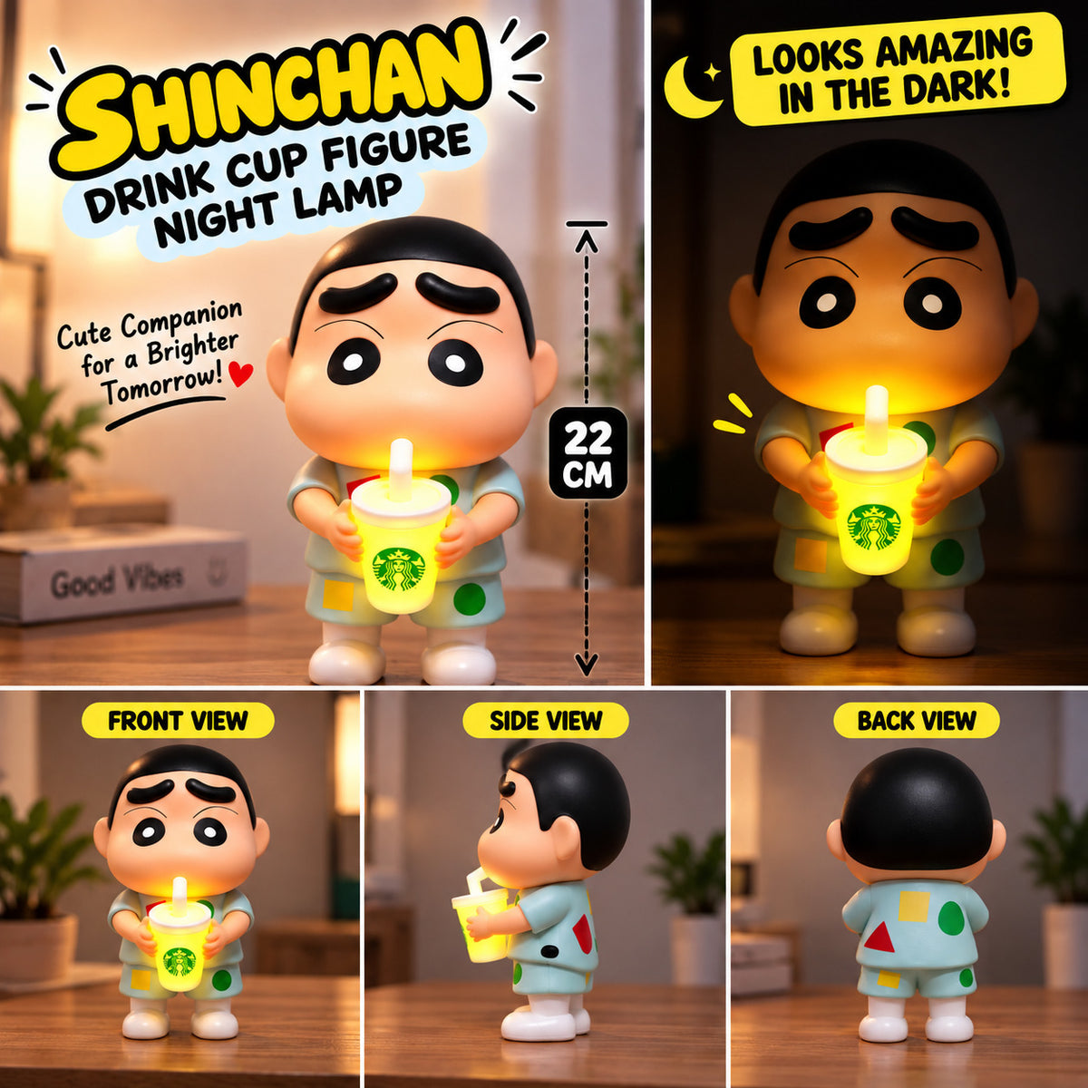 Cute Shinchan-inspired cartoon figure holding a glowing drink cup
