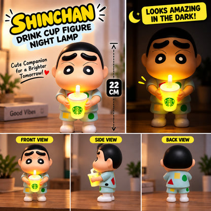 Cute Shinchan-inspired cartoon figure holding a glowing drink cup
