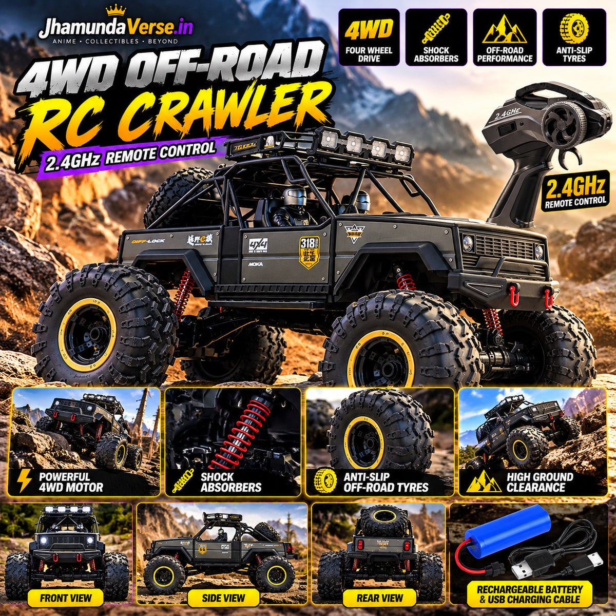 Black and grey 4WD remote control crawler jeep with rechargeable battery and off-road design
