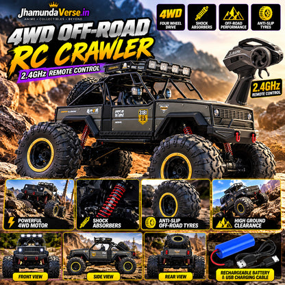 Black and grey 4WD remote control crawler jeep with rechargeable battery and off-road design
