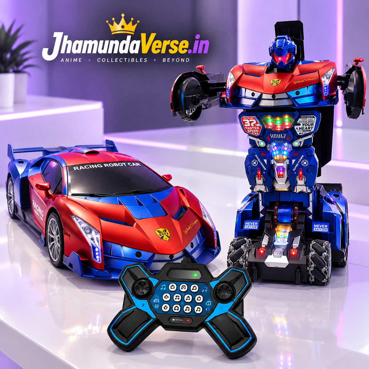 Transforming RC Racing Robot Car in red and blue with 2.4GHz remote control