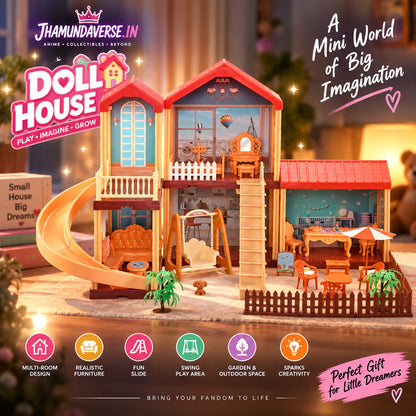 Princess dollhouse playset with furniture, slide, swing and garden accessories