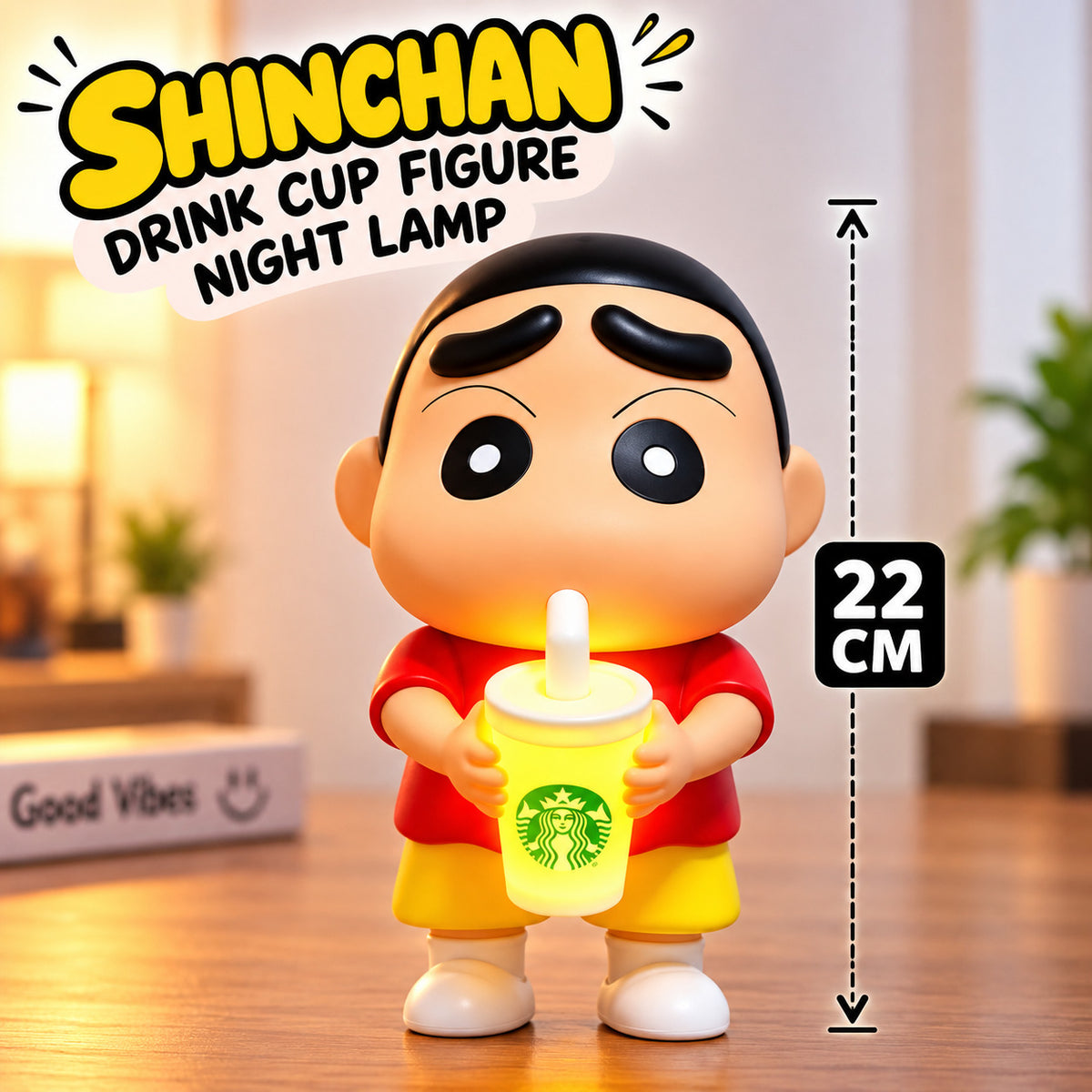 22cm Shinchan Drink Cup Figure Night Lamp with glowing LED cup
