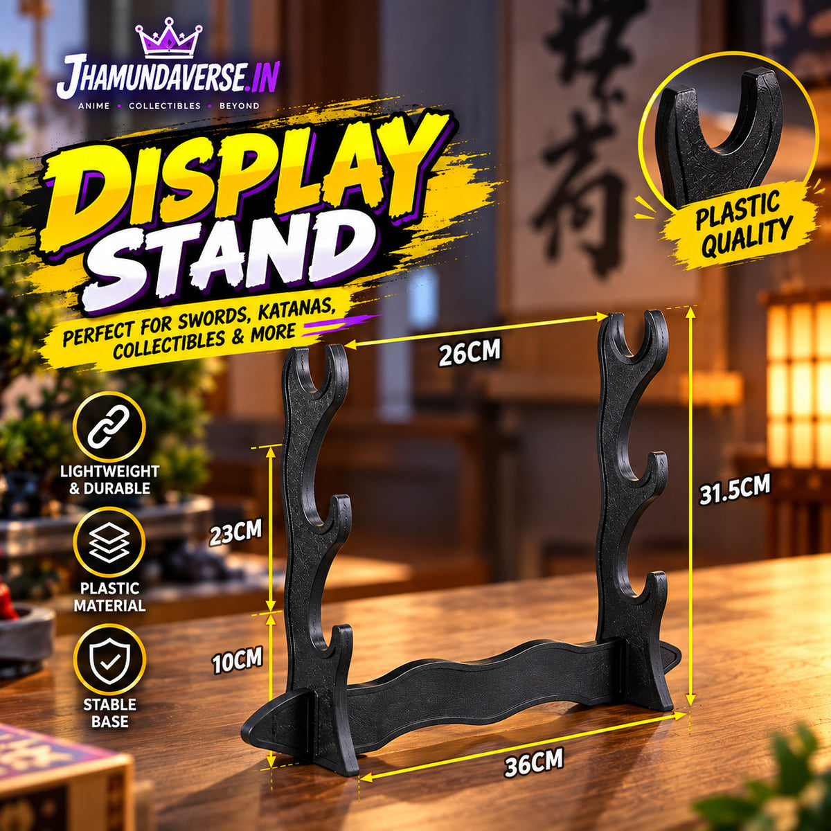 Black plastic katana and sword display stand with multi-hook design
