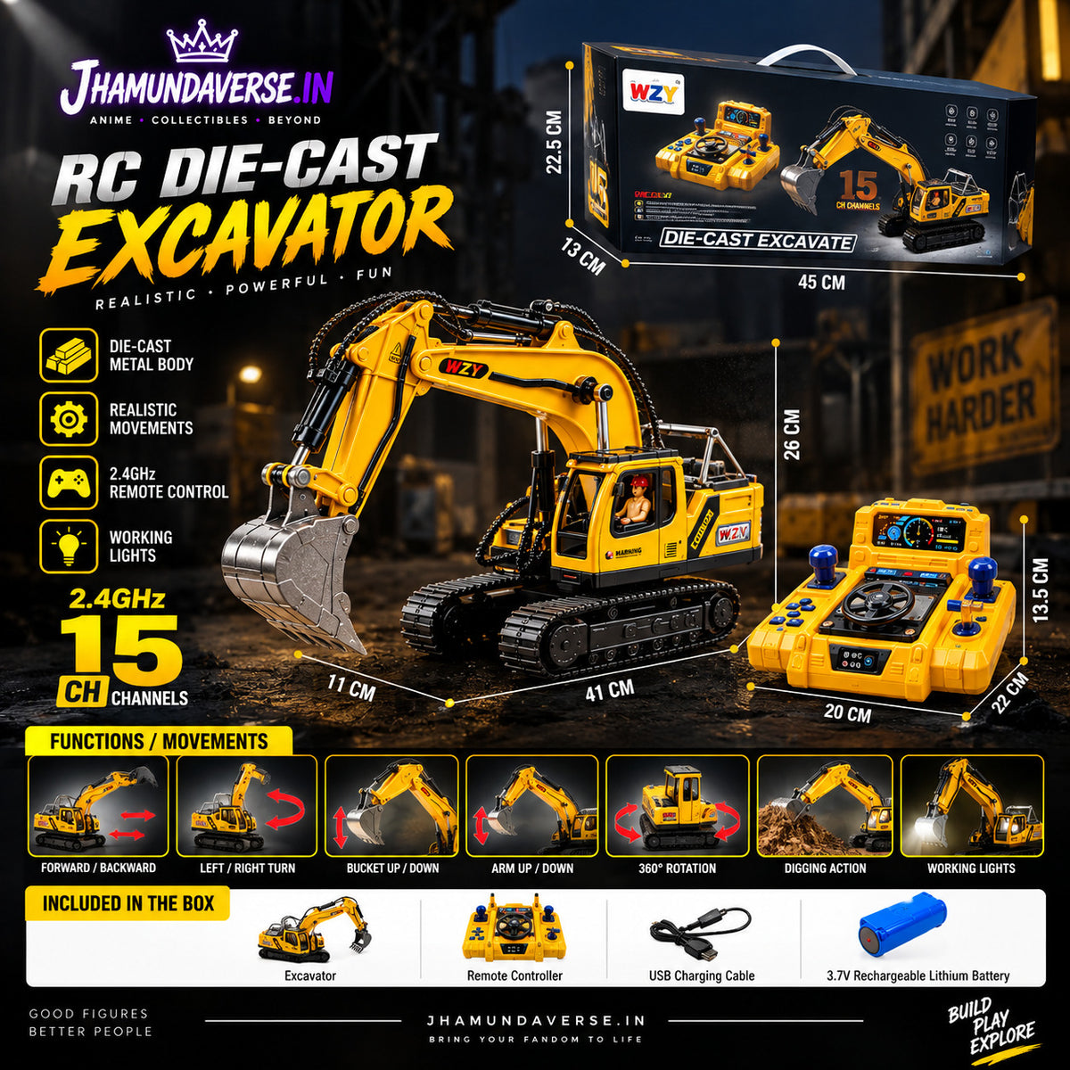 Realistic metal body RC excavator with working lights and digging action
