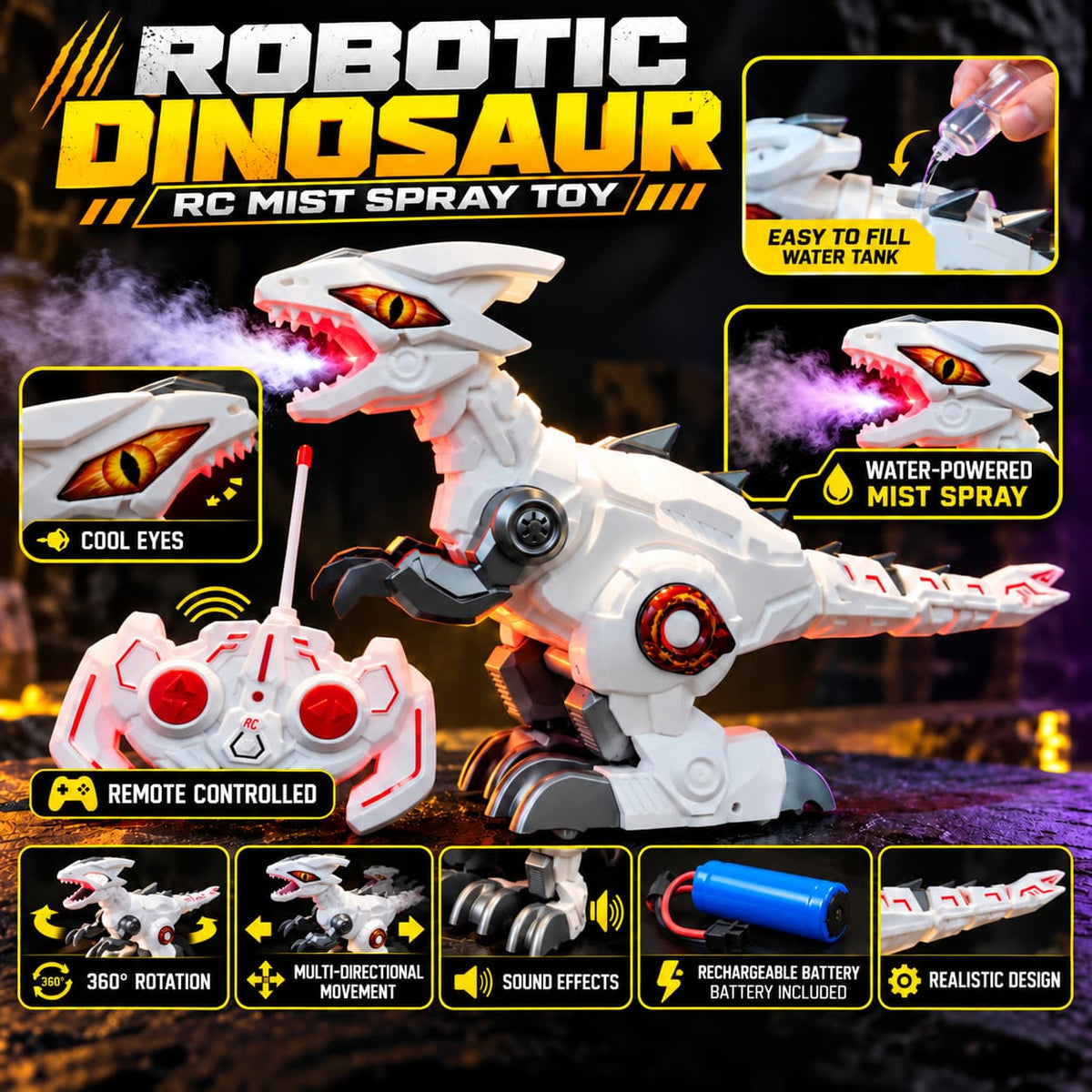 RC robot dinosaur with water-powered mist spray effect
