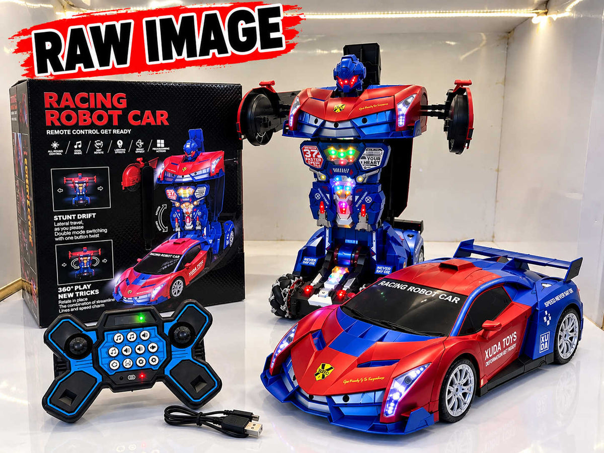 Red and blue remote control racing robot car in robot mode with LED lights