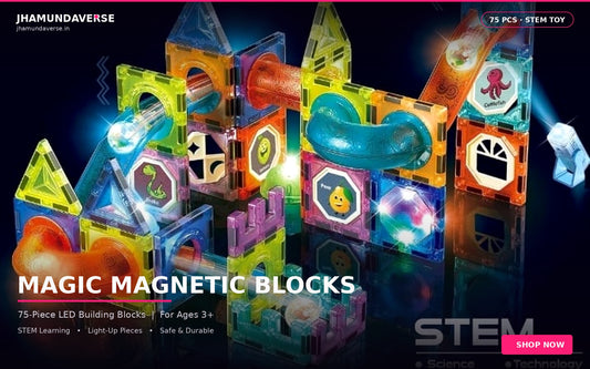 Light Magnetic Blocks 75 piece STEM building set with colourful magnetic tiles and marble run pieces