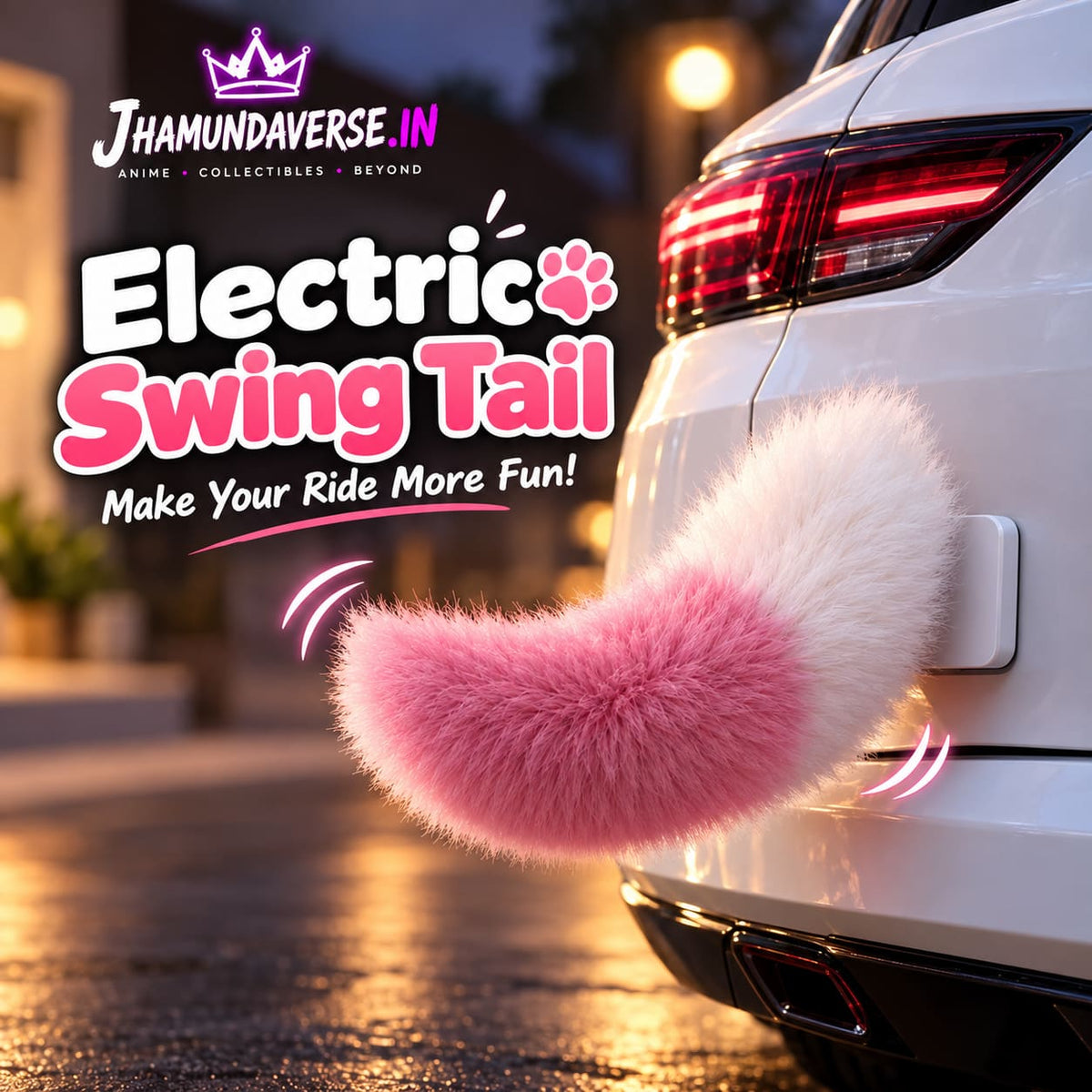 Pink and white electronic fluffy swing tail for car and scooter
