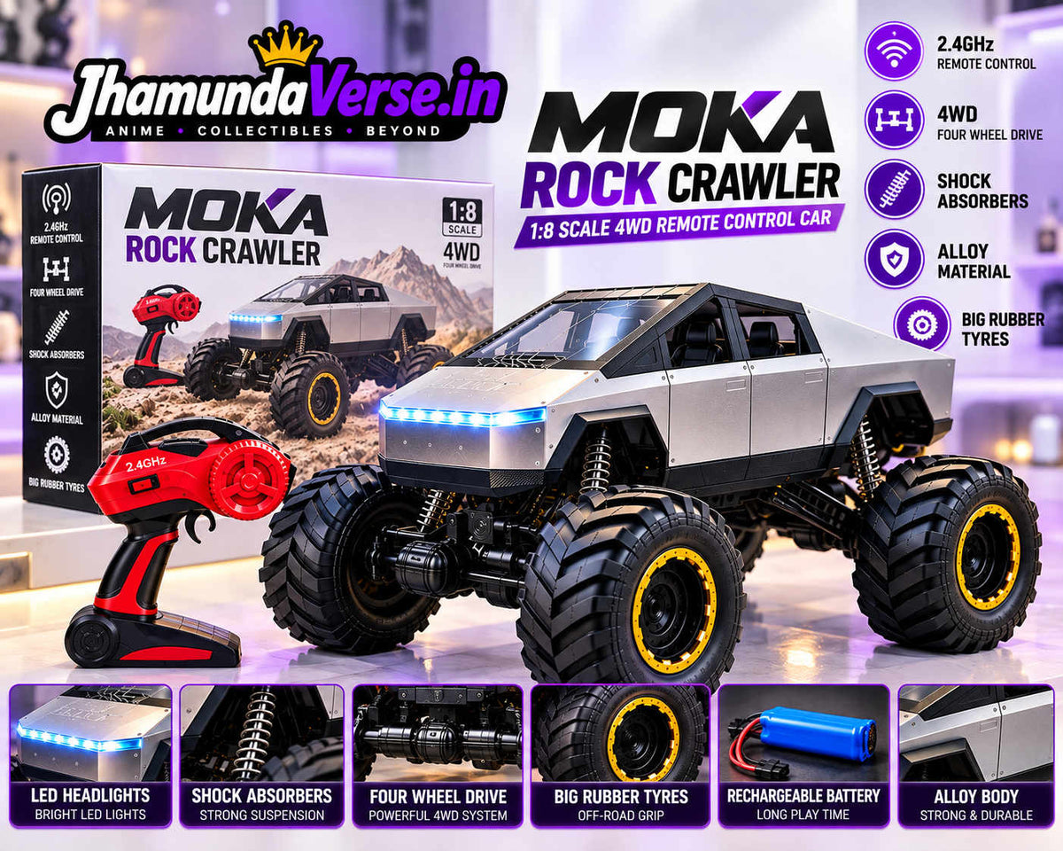 Futuristic off-road RC truck with large rubber tyres and shock absorbers
