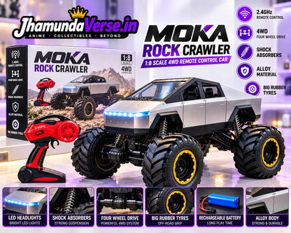 Futuristic off-road RC truck with large rubber tyres and shock absorbers
