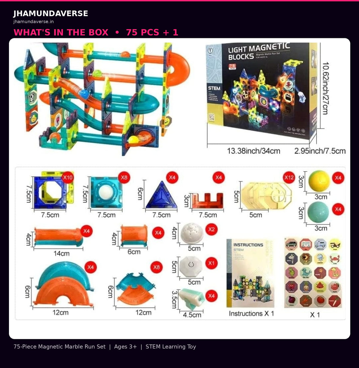 75 Pcs magnetic marble run building blocks for kids with colourful translucent light-up pieces