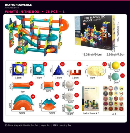 75 Pcs magnetic marble run building blocks for kids with colourful translucent light-up pieces