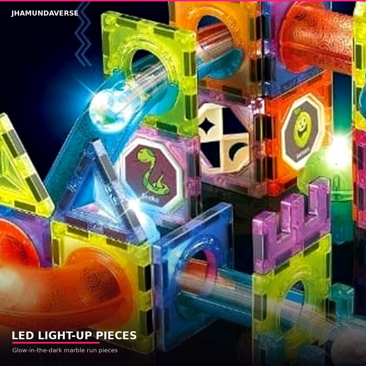 3D magnetic building blocks set for kids featuring marble tracks, colourful tiles and creative construction pieces