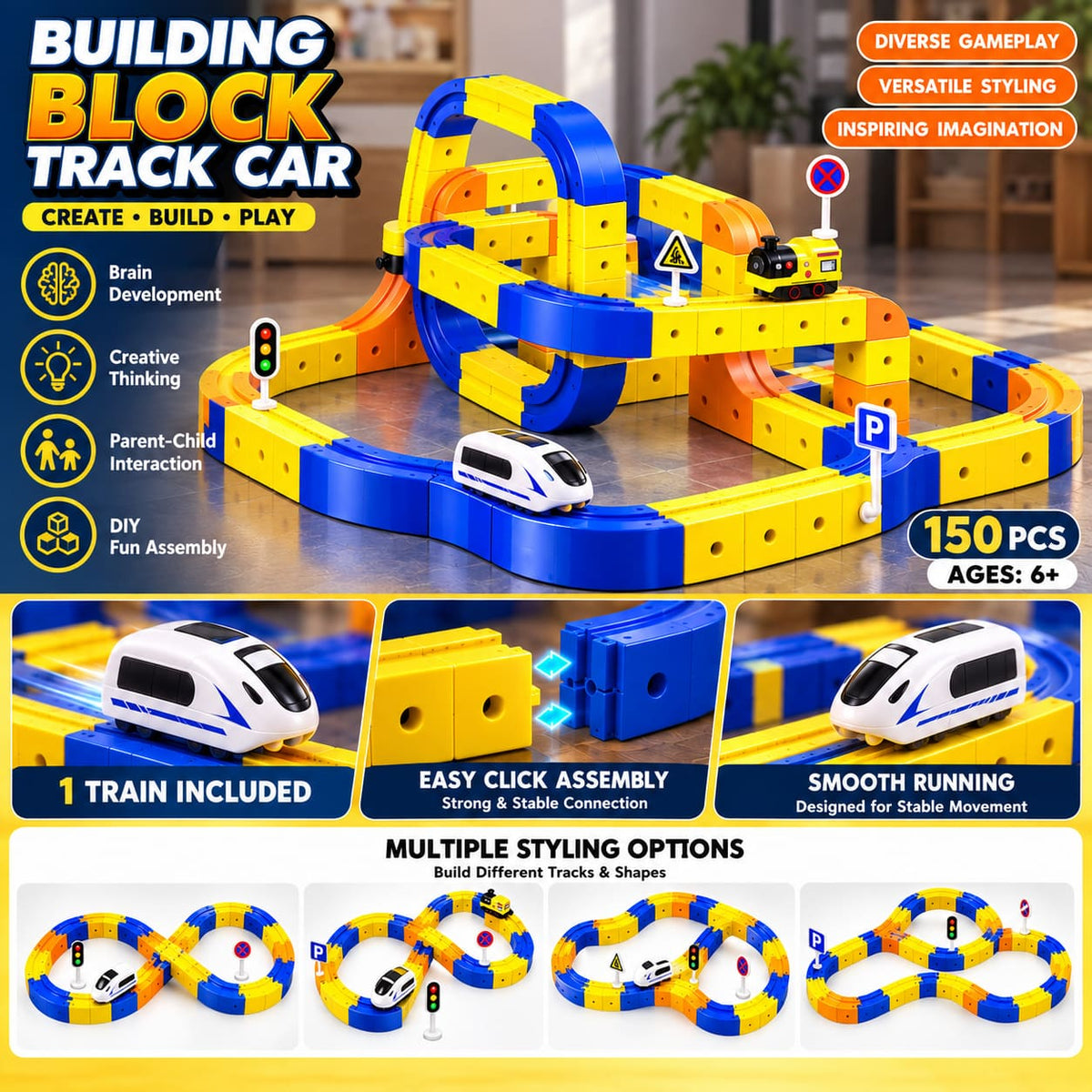 Kids DIY construction toy with yellow blue and orange building blocks and train
