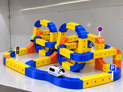 150-piece click-together railway track building set with curves loops and bridges

