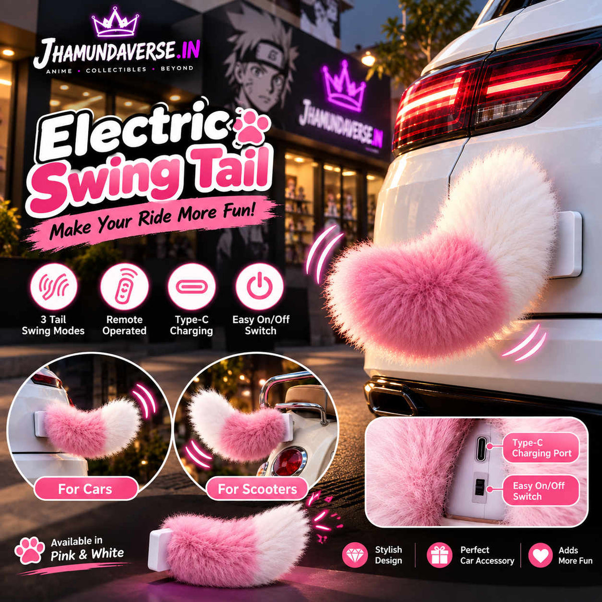 Remote control electronic swinging tail car accessory with three swing modes