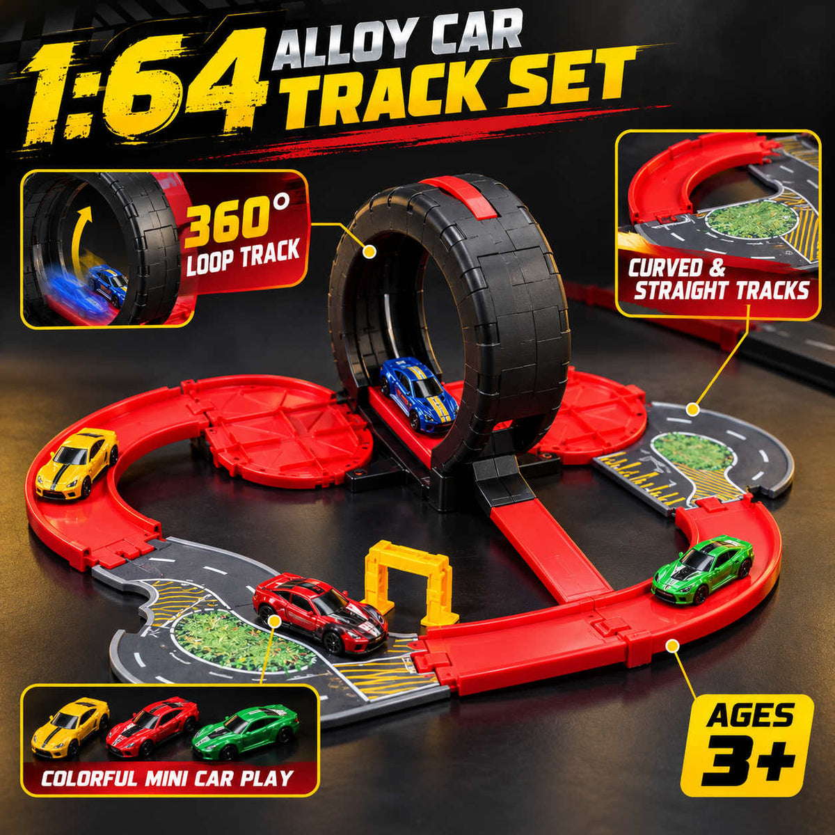 Colourful McQueen-inspired racing track toy with vertical loop and curved tracks